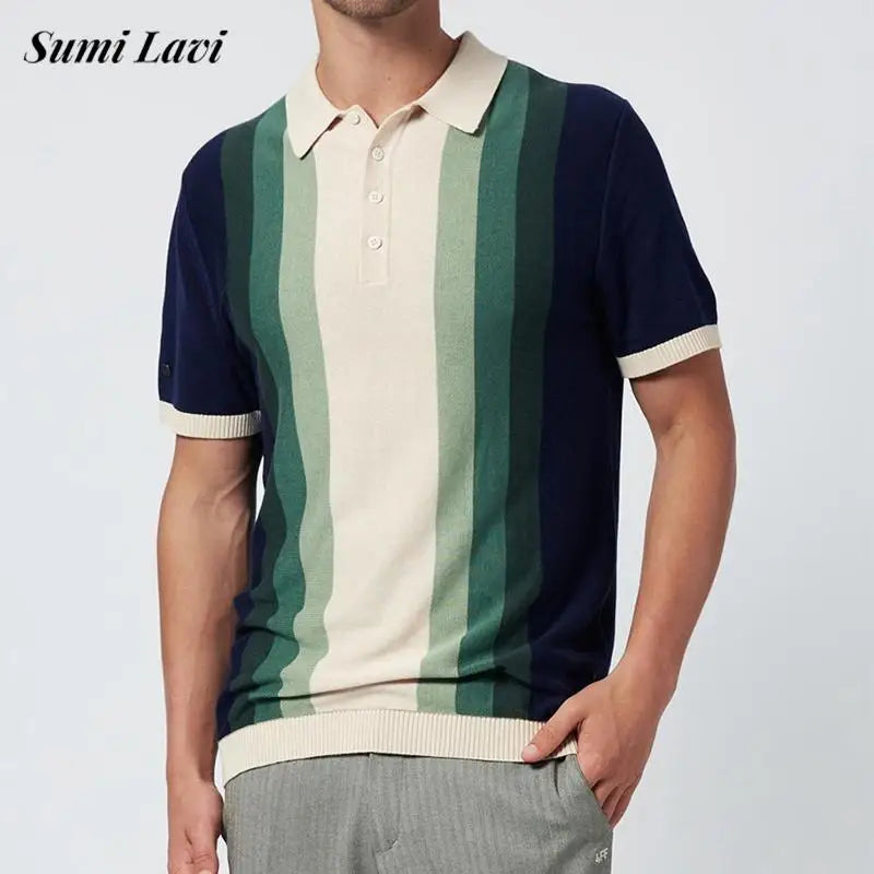 Vintage Patchwork Buttoned Lapel Mens Polo Shirts Knitting Short Sleeve Slim Fit Pullovers Men Summer Casual Knitted Polo Shirt