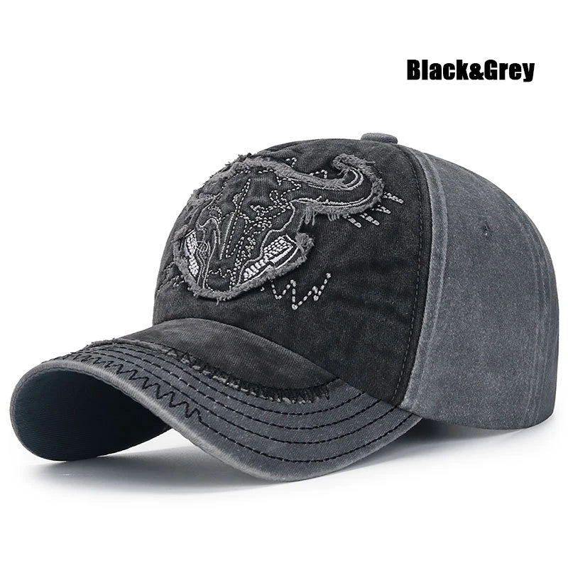 New Fashion Unisex Bull Head Pattern Embroidered Patch Brushed Distressed Style Two Color Cotton Adjustable Baseball Cap