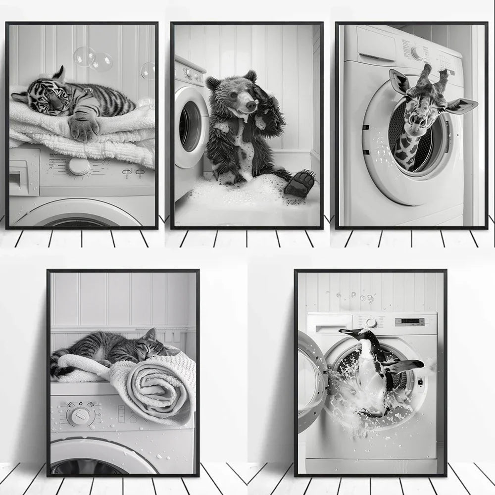 Cute Giraffe Penguin Tiger in Washing Machine Poster Laundry Room Decor Picture Funny Laundry Wall Art Utility Room Print Canvas