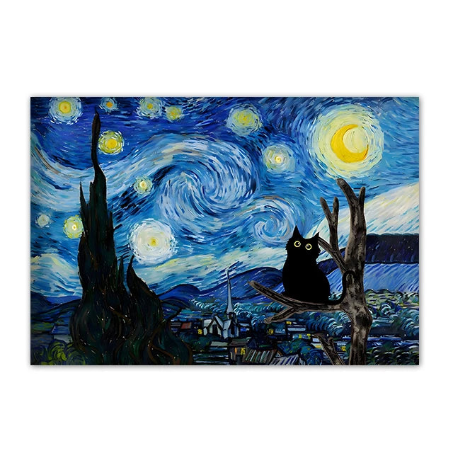 Funny Black Cat Wall Art Van Gogh Starry Night Poster Abstract Famous Reproduction Canvas Painting Aesthetic Room Home Decor