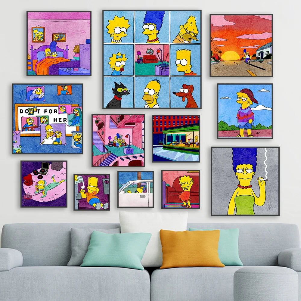The Simpsons Poster Disney Watercolor Illustration Print Wall Art Prints Cartoon Family Love Canvas Painting Kids Bedroom Decor