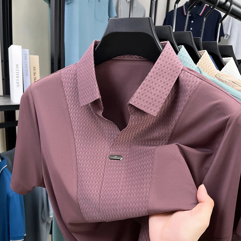 Personality jacquard splicing short sleeve Polo shirt men ice silk breathable high quality fashionable buttonless V-neck T-shirt