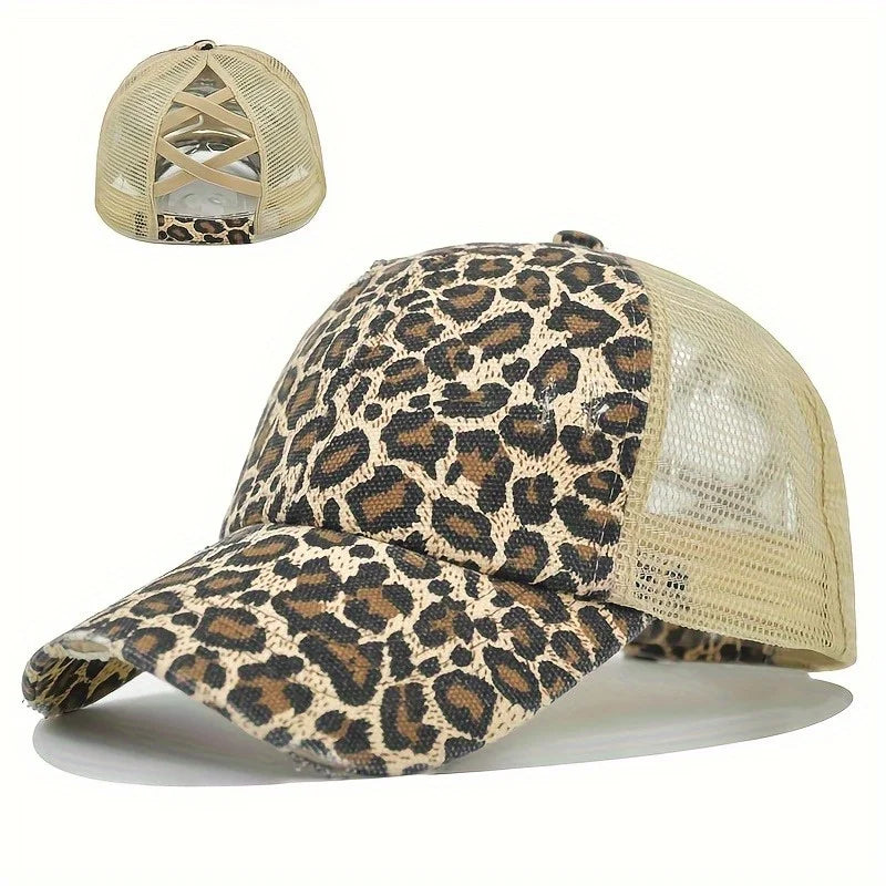 Leopard Print Baseball Cap, Stylish Ponytail Hole, Breathable Mesh Back, Adjustable Trucker Hat for Women - Perfect for Street