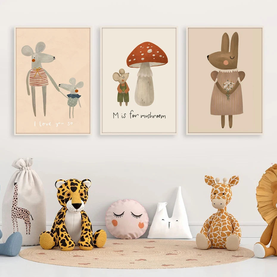 Boho Cartoon Rabbit Mouse Goose Nursery Wall Art Canvas Painting Nordic Retro Poster Prints Wall Picture Baby Kids Room Decor