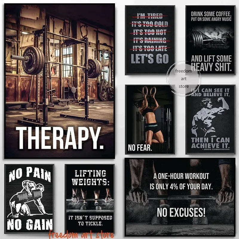 Gym Motivation Muscle Man Bodybuilding Fitness Strength Barbell Art Poster Canvas Painting Wall Print Picture for Home Gym Decor