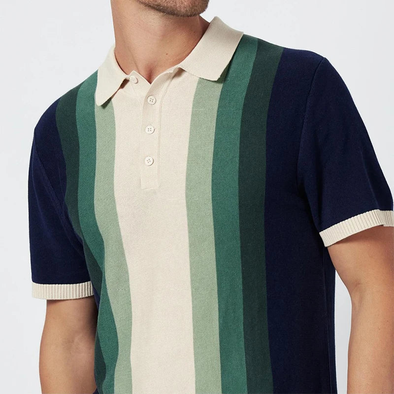 Vintage Patchwork Buttoned Lapel Mens Polo Shirts Knitting Short Sleeve Slim Fit Pullovers Men Summer Casual Knitted Polo Shirt