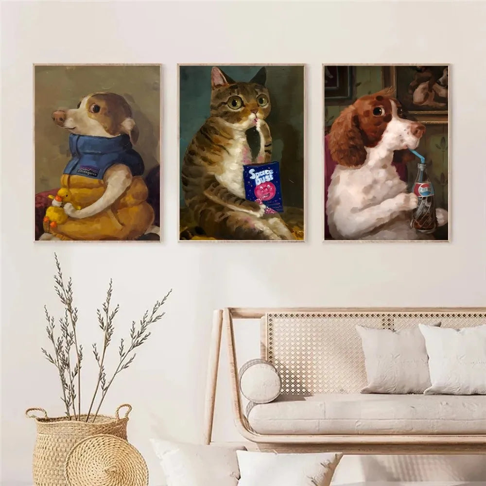 Cute Funny Cartoon Dog Cat Poster Frameless Painting Home Living Room Entrance Restaurant Cafe Wall Art Decoration