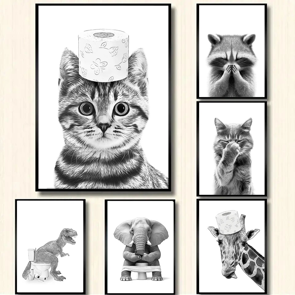 Funny Canvas Poster Cat Giraffe Dog Elephant Toilet Paper Bathtub Funny Bathroom Poster Wall Art Shower Room Home Decoration