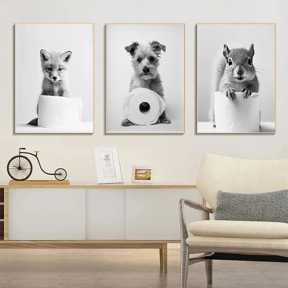 Black And White Cute Animals Canvas Painting Poster Funny Toilet Paper Otter Cat Tiger Wall Art Print Picture for Bathroom Decor