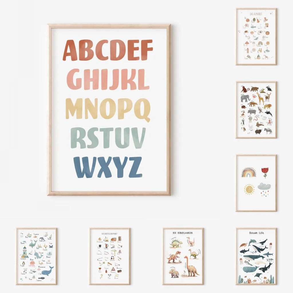 Nordic Retro Alphabet Number Poster And Prints Children's Room Decor Cartoon Animal Plant Tool Wall Art Canvas Painting
