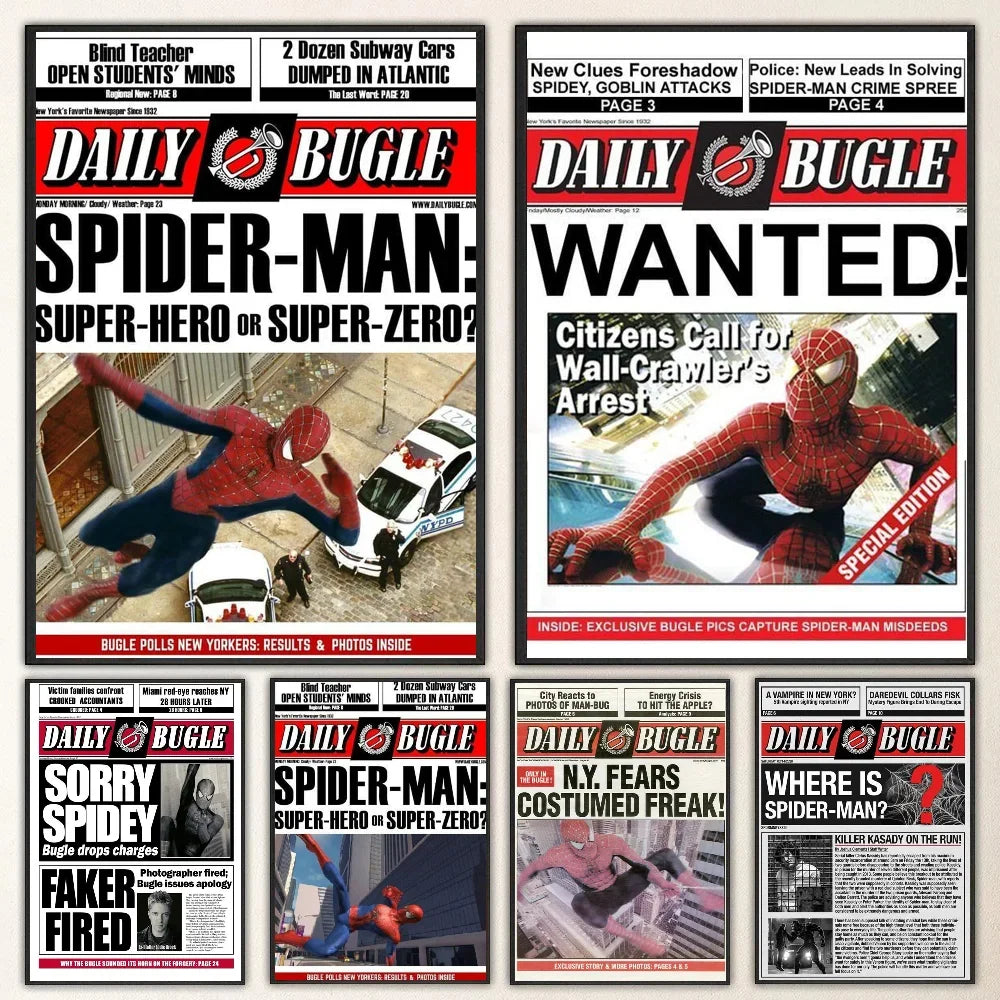 1pc Miniso Disney Marvel Spiderman Daily Bugle Posters Poster Self-adhesive Art Waterproof Paper Sticker Wall Decor