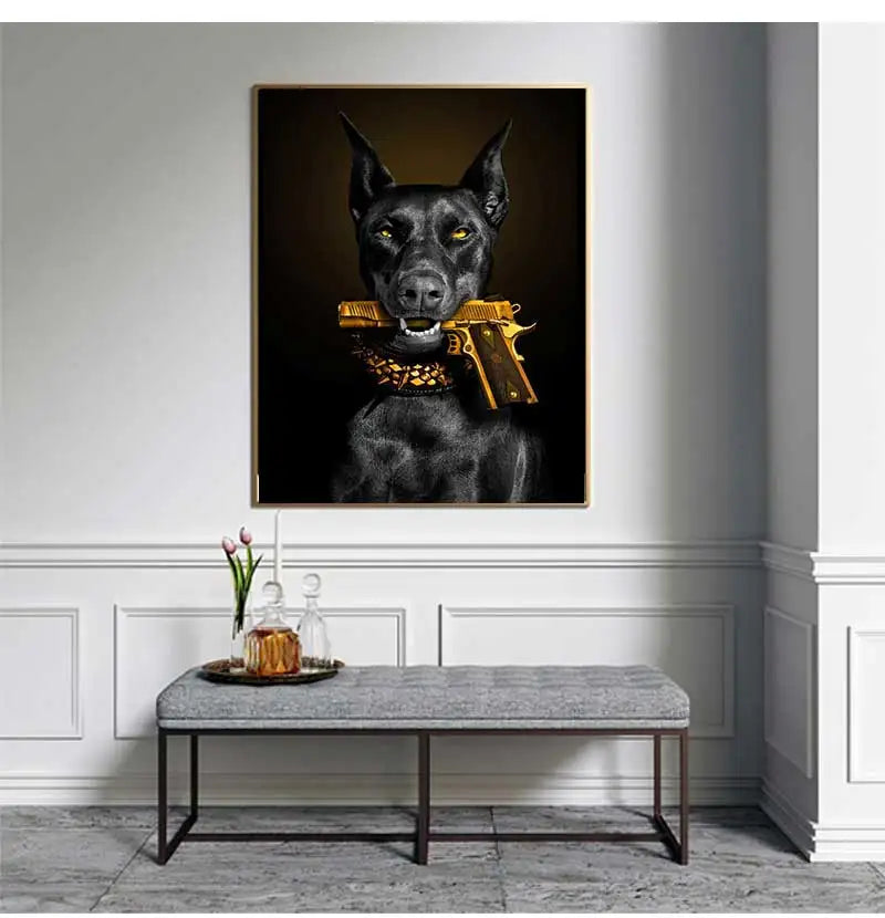 Modern Fashion Black Doberman Dog with Golden Pistol Poster Canvas Painting Luxury Animal Wall Art Picture for Living Room Decor