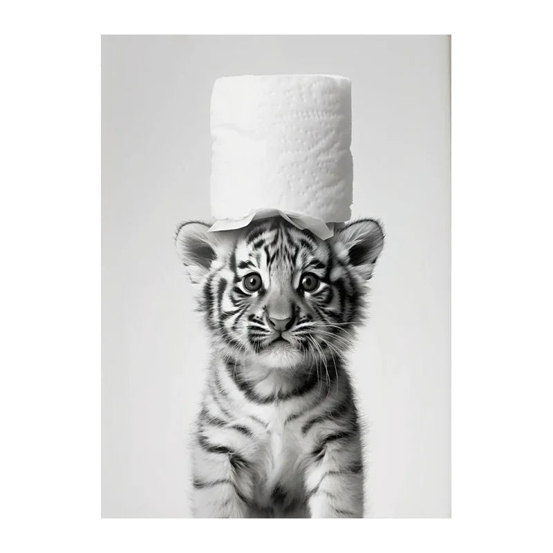 Black And White Cute Animals Canvas Painting Poster Funny Toilet Paper Otter Cat Tiger Wall Art Print Picture for Bathroom Decor