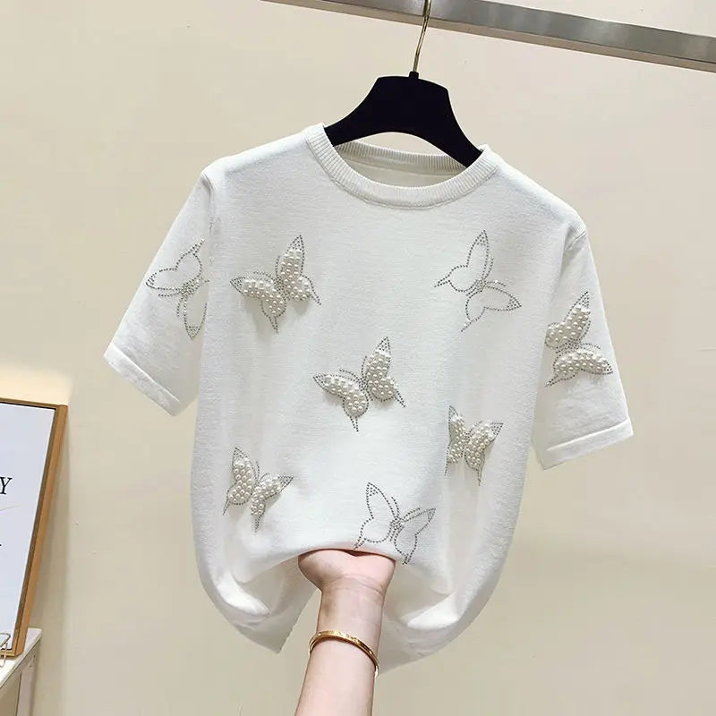 Women Clothing Chic Bow Knot Embroidered Flares T-shirt Summer Elegant O-neck Short Sleeve Knit Top Tee Office Lady Pullovers