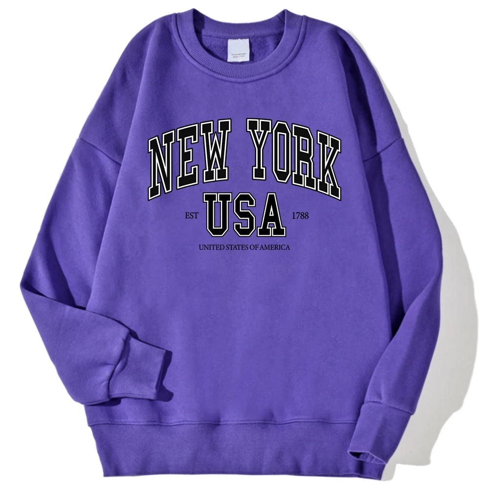 New York Usa Est 1788 Street City Letter Prints Male Sweatshirts Autumn Casual Hoodies Loose Pullovers Crewneck Soft Clothing