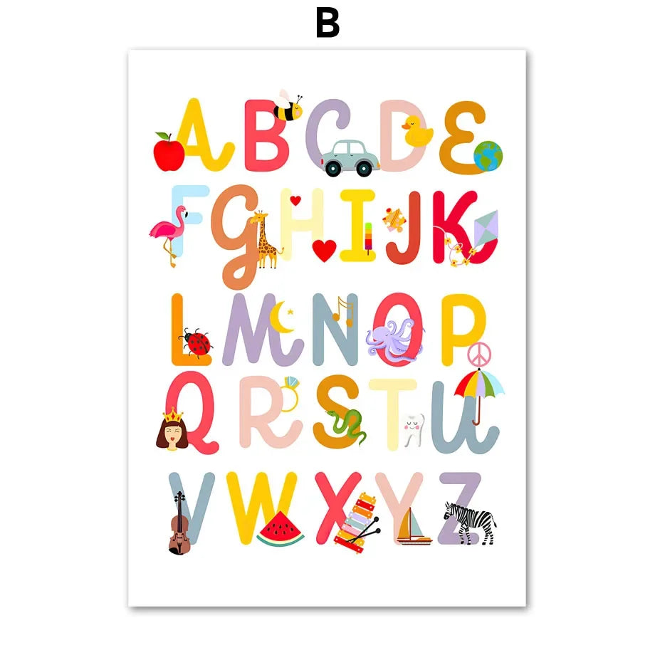 Adorable Alphabet Numbers Unicorn Horse Fruits Flowers Cartoon Wall Art Canvas Painting Prints  Baby Kids Room Decor