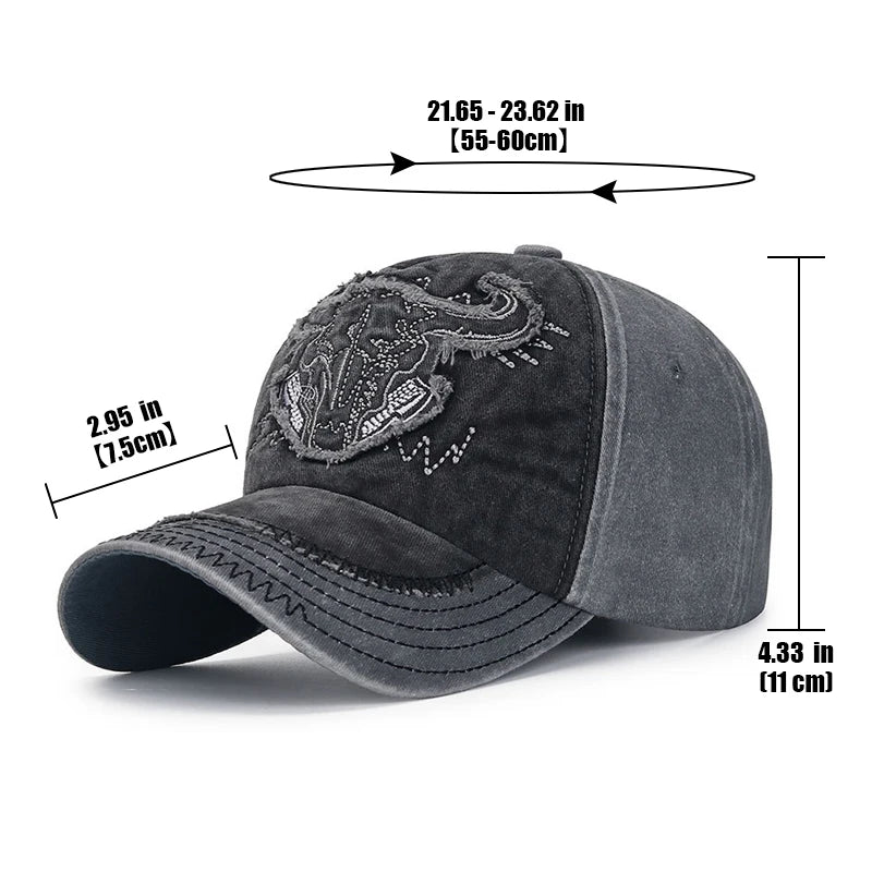 New Fashion Unisex Bull Head Pattern Embroidered Patch Brushed Distressed Style Two Color Cotton Adjustable Baseball Cap