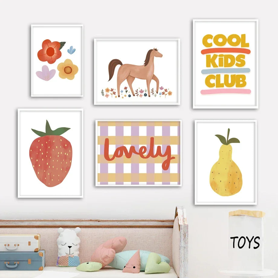 Adorable Alphabet Numbers Unicorn Horse Fruits Flowers Cartoon Wall Art Canvas Painting Prints  Baby Kids Room Decor