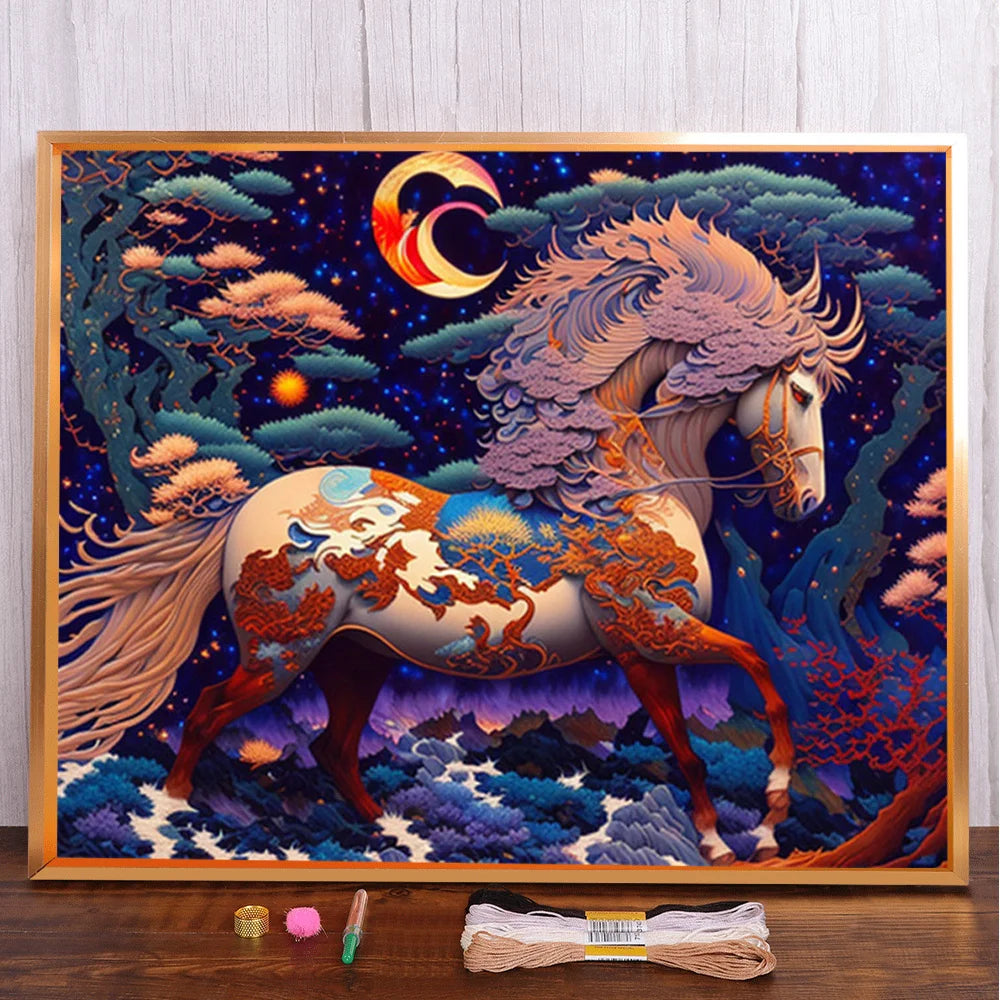 Animal Horse Printed Cross Stitch DIY Embroidery Set DMC Threads Needlework Sewing Handiwork Handicraft Floss Needle Room Decor