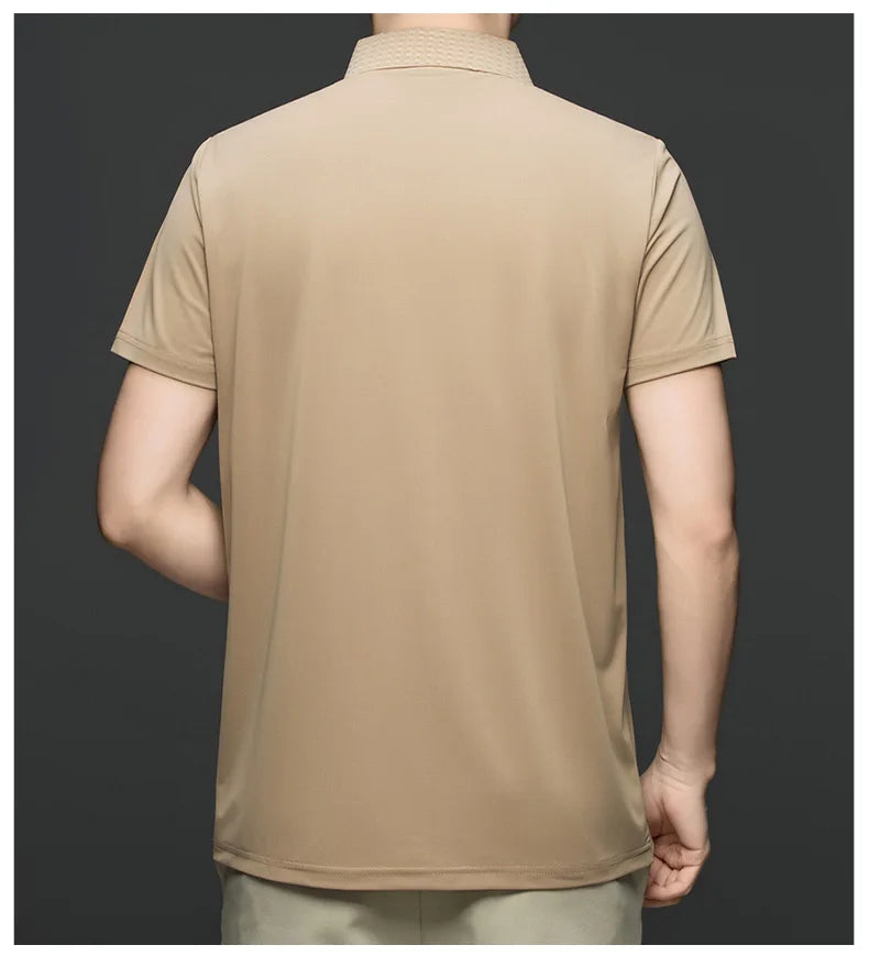 Personality jacquard splicing short sleeve Polo shirt men ice silk breathable high quality fashionable buttonless V-neck T-shirt