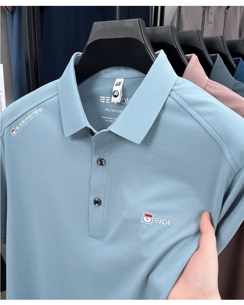 Luxury fashion men's short sleeve polo shirt summer new trend brand symbol embossed silky smooth loose breathable lapel T-shirt