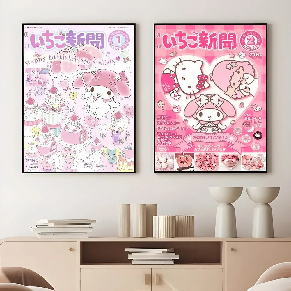 Cute Hallokitty Cinnamoroll Kuromi Poster Sticky Wall Art Printing Waterproof Home Living Bed Room Bar Aesthetic Decor