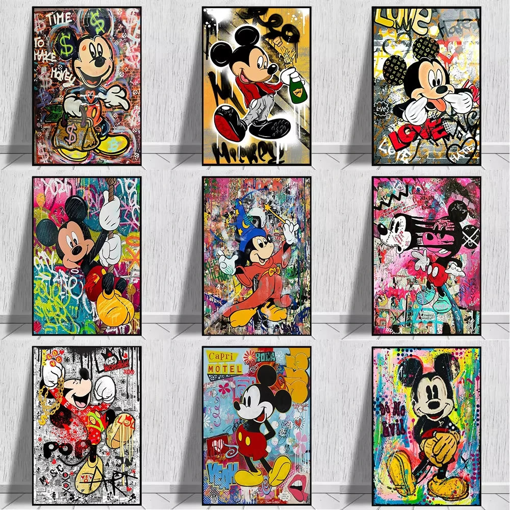 Mickey Mouse Minnie Street Graffiti Canvas Painting Prints Poster Creative Modern Wall Art Pictures Living Room Home Decor