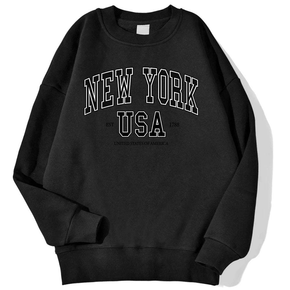 New York Usa Est 1788 Street City Letter Prints Male Sweatshirts Autumn Casual Hoodies Loose Pullovers Crewneck Soft Clothing
