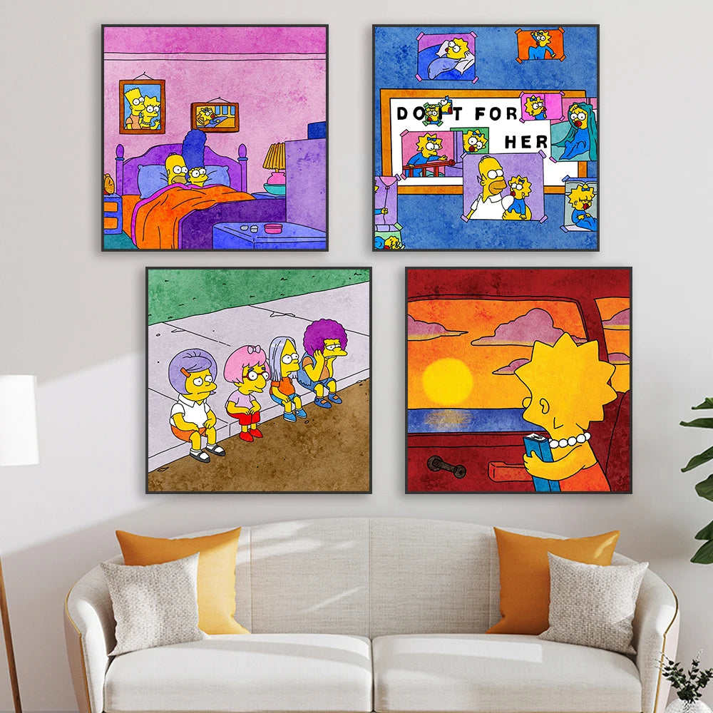 The Simpsons Poster Disney Watercolor Illustration Print Wall Art Prints Cartoon Family Love Canvas Painting Kids Bedroom Decor