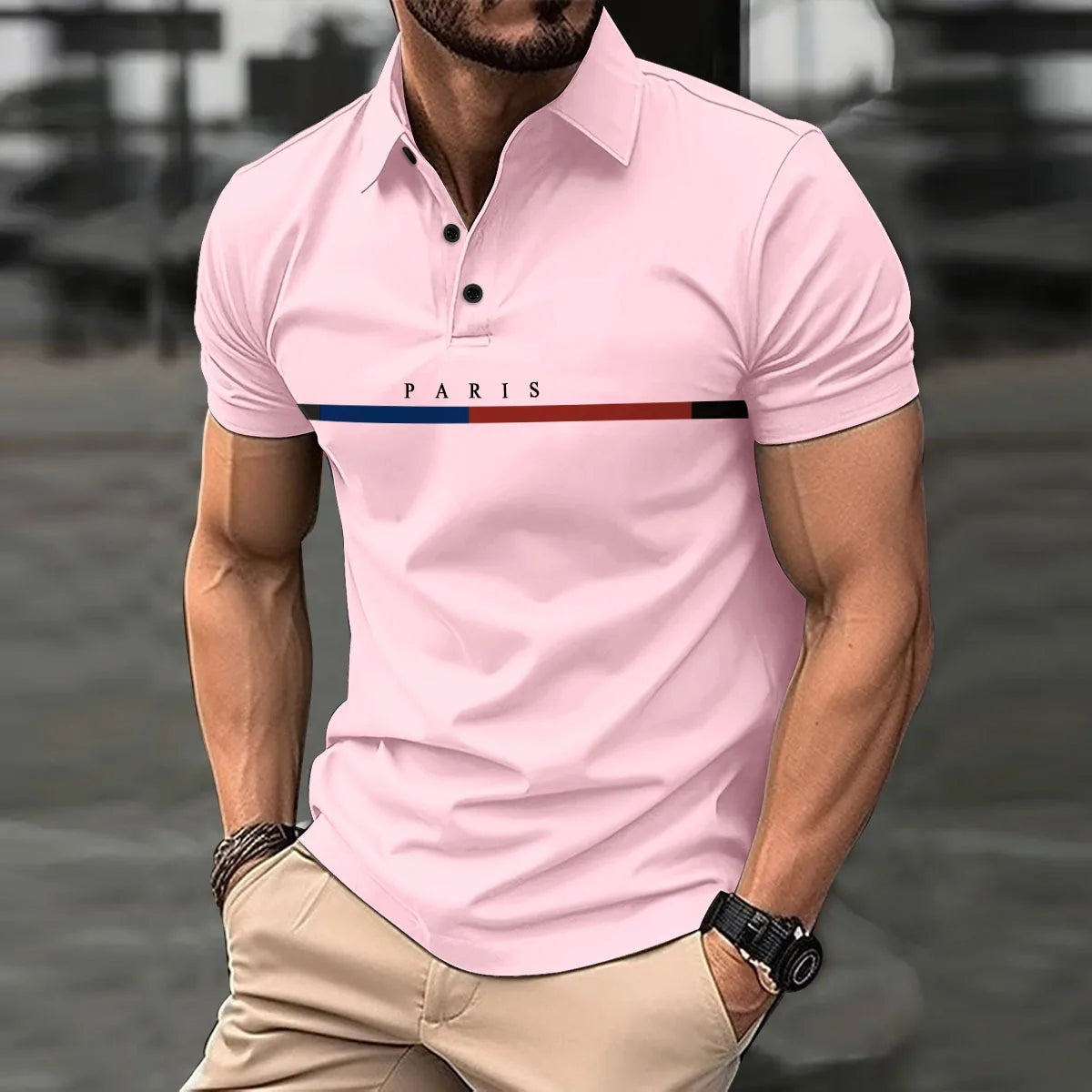 Fashionable men's new summer short-sleeved printed striped French color button lapel POLO shirt sports casual slim shirt