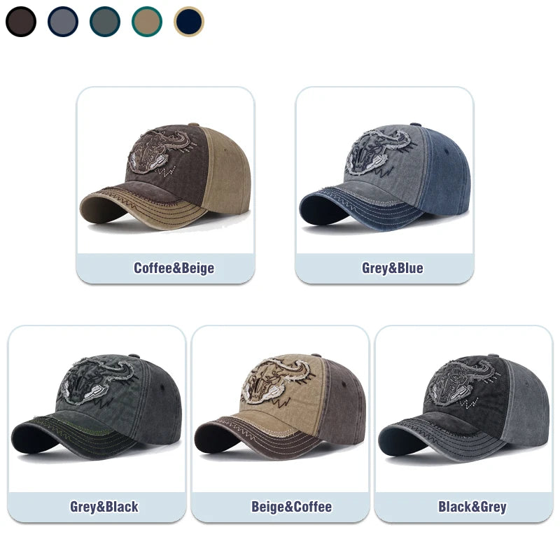 New Fashion Unisex Bull Head Pattern Embroidered Patch Brushed Distressed Style Two Color Cotton Adjustable Baseball Cap