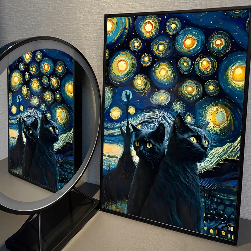 Van Gogh The Starry Night Romantic Black Cat WhitePaper Poster Sticker for Living Room Bar Decorants Aesthetic Art Wall Painting