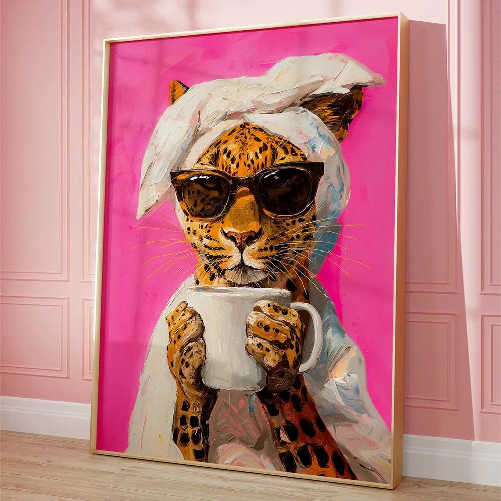Modern Leopard Drinking Morning Coffee Colorful Dopamine Prints Canvas Painting Poster Picture For Living Room Home Decor