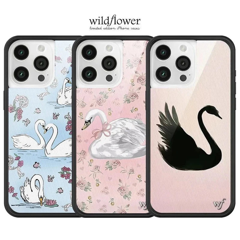Wildflower 3D Black Swan Phone Case for iPhone 12 13 14 15 16 Pro Max Plus Fashion Sweet-Swan Lake Soft Edge Back Cover Cases