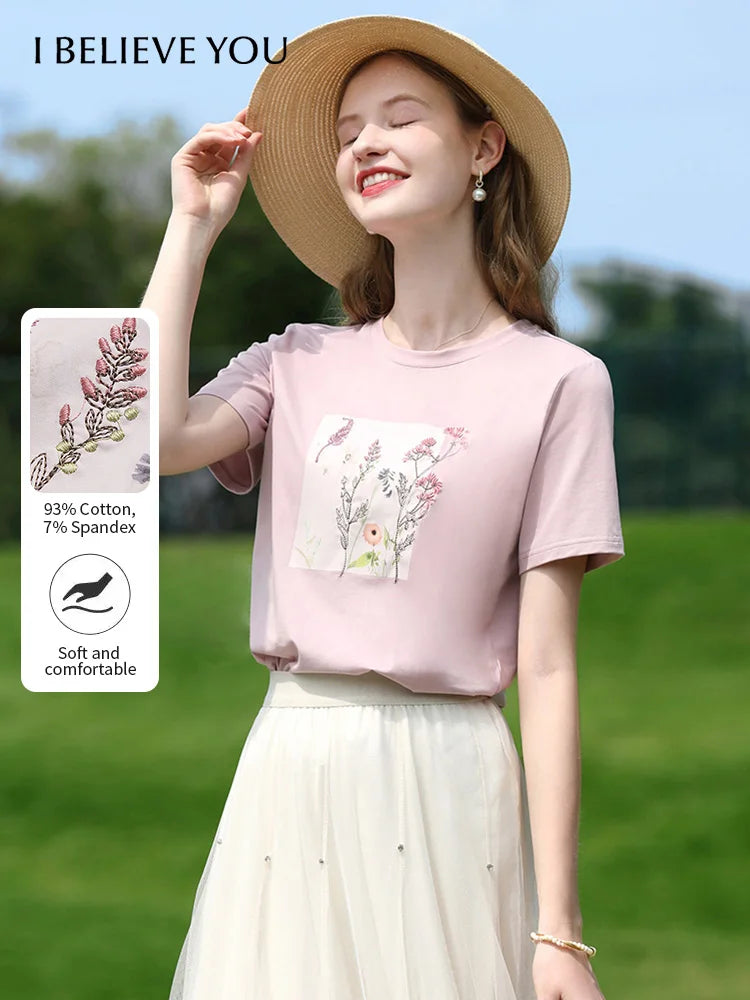 I BELIEVE YOU Women's Pink Top Heat Transfer Pattern Embroidery Round Neck Short Sleeve New Style Summer Chic T-Shirt 2252016049