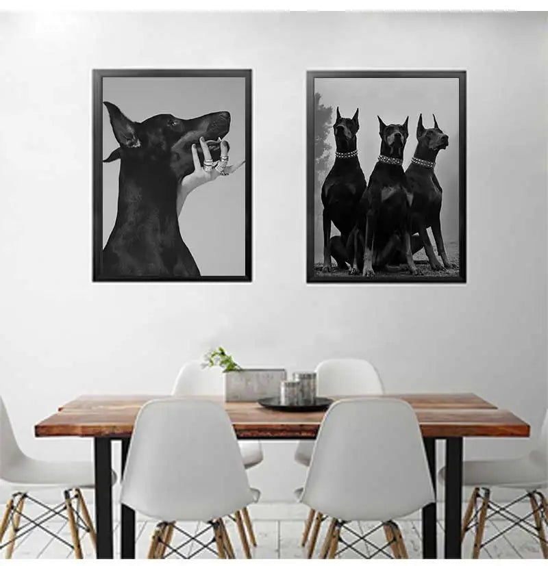 Modern Fashion Black Doberman Dog with Golden Pistol Poster Canvas Painting Luxury Animal Wall Art Picture for Living Room Decor