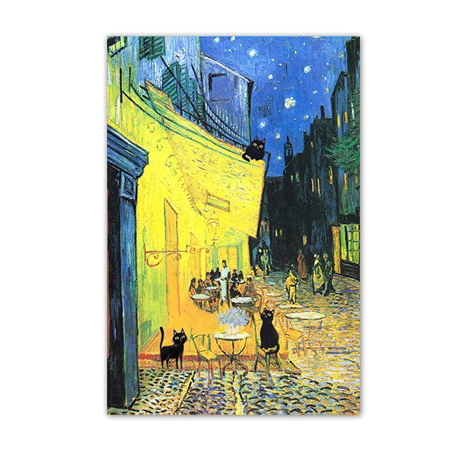 Funny Black Cat Wall Art Van Gogh Starry Night Poster Abstract Famous Reproduction Canvas Painting Aesthetic Room Home Decor