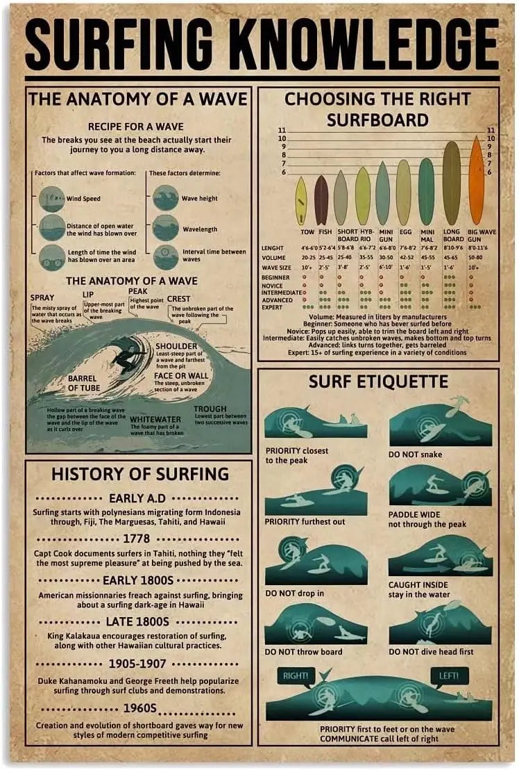 Surfing Knowledge Metal Tin Sign  Learn How to Surf Infographic Poster for Home Club School Bar Kitchen Decoration  x Inches