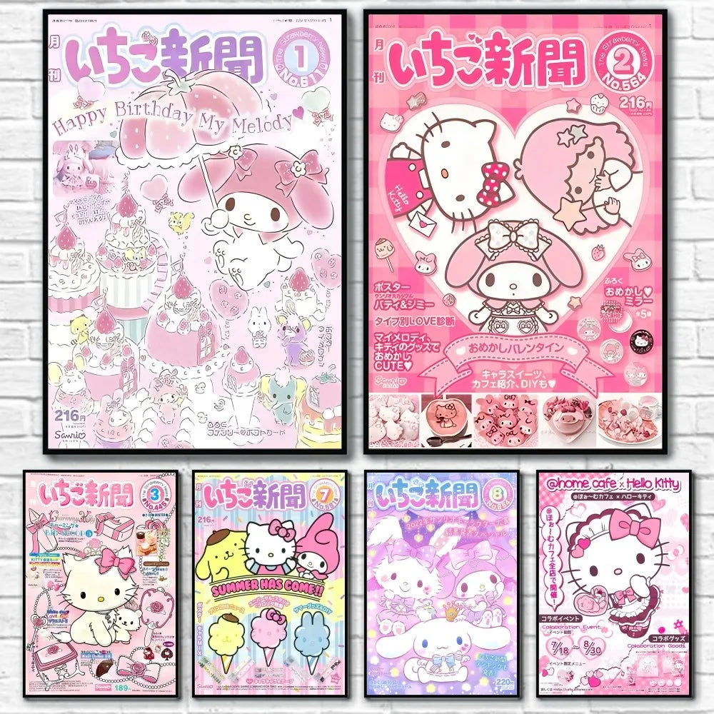 Cute Hallokitty Cinnamoroll Kuromi Poster Sticky Wall Art Printing Waterproof Home Living Bed Room Bar Aesthetic Decor