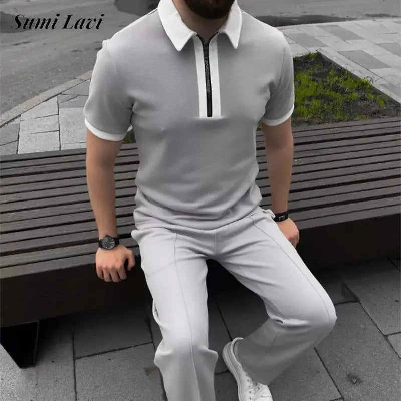 Daily Casual Mens Short Sleeve Outfits Spring Summer Leisure Zipper Lapel Polo Shirt And Pants Two Piece Sets Men Vintage Suits