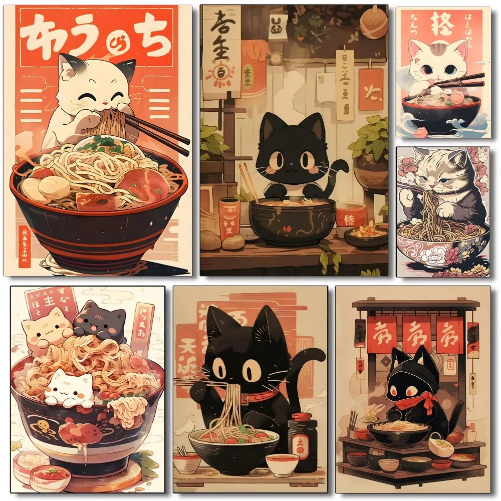 1pc Hot Style Kawaii Japanese Ramen Animal Cat Poster HD Posters Home Room Bar Cafe Decor Art Wall Painting Picture