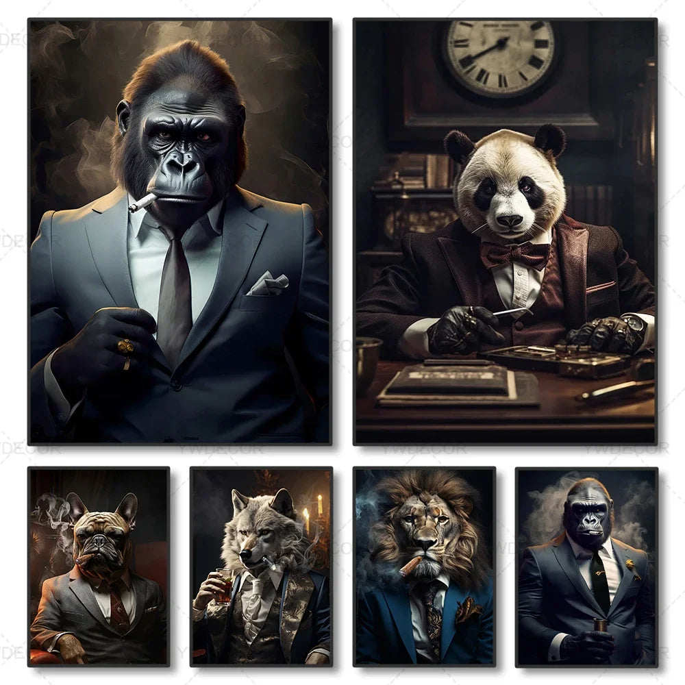 Abstract Smoking Lion Animals Boss Business Canvas Painting Wall Art Posters and Prints Picture Living Room Decor