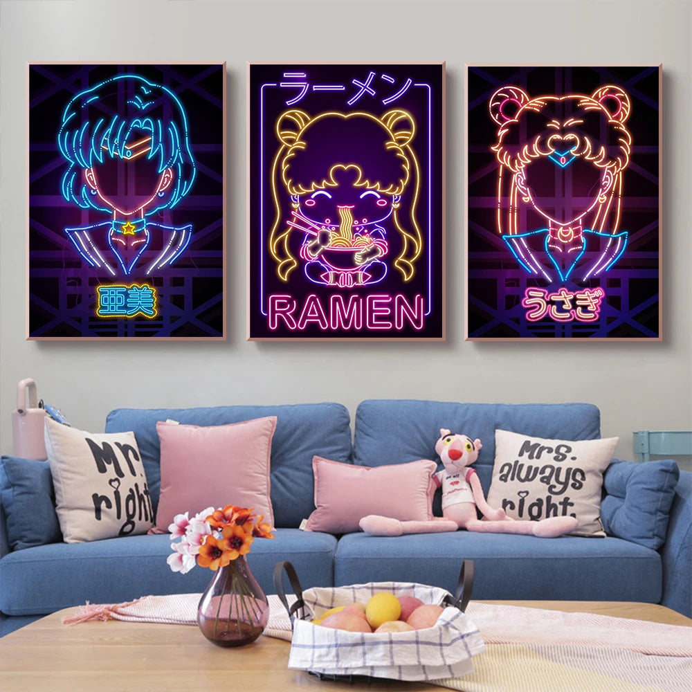 A2 A3 A4 Japanese Anime Neon Poster Sailor Moon Prints Canvas Painting Gamer Character Wall Art Pictures Girls Room Home Decor