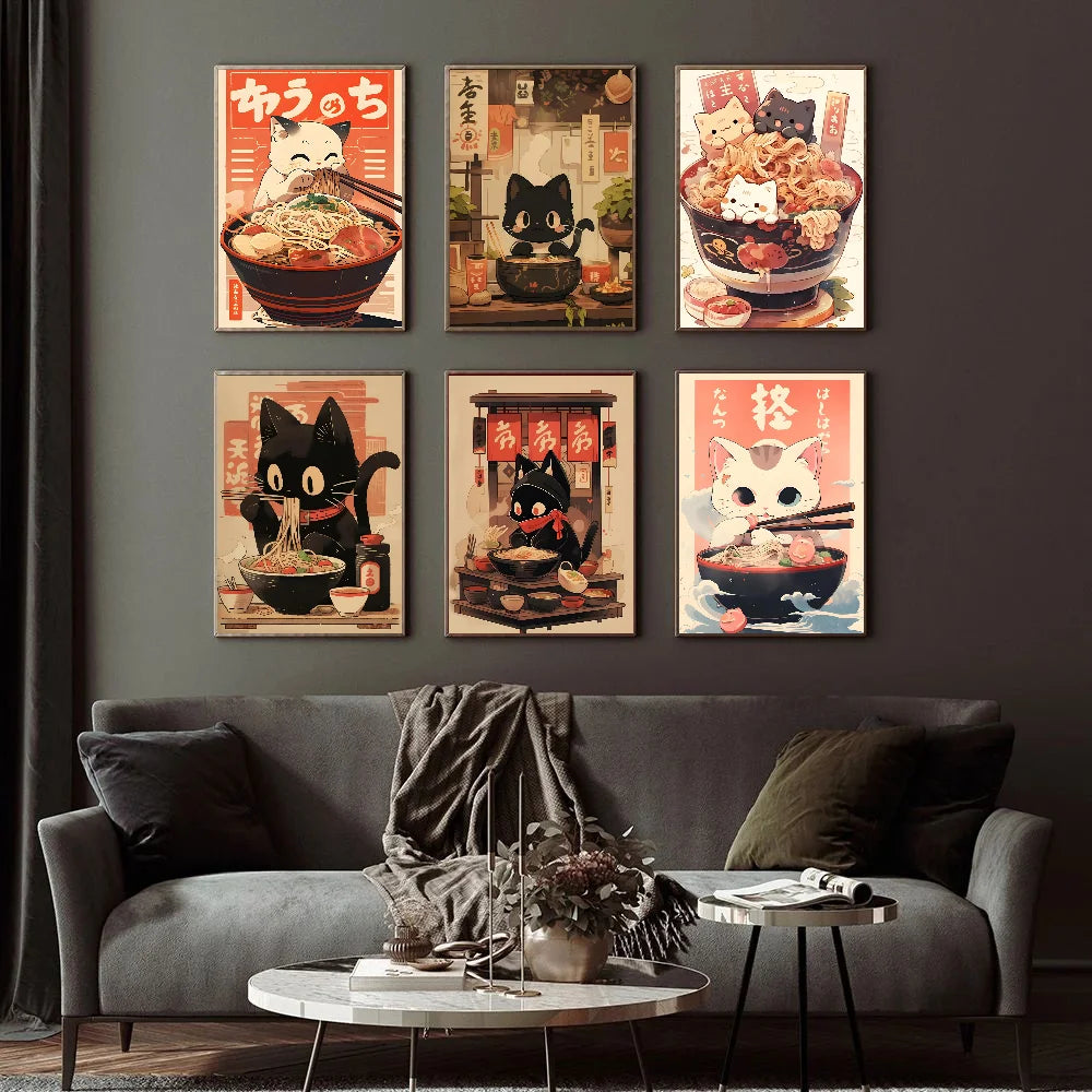 1pc Hot Style Kawaii Japanese Ramen Animal Cat Poster HD Posters Home Room Bar Cafe Decor Art Wall Painting Picture
