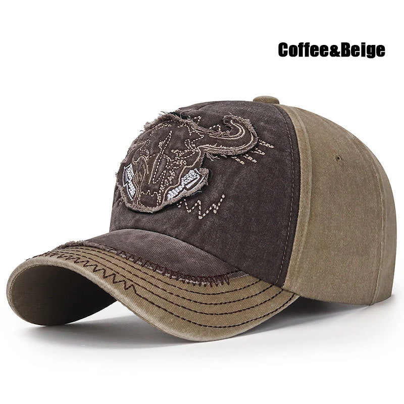 New Fashion Unisex Bull Head Pattern Embroidered Patch Brushed Distressed Style Two Color Cotton Adjustable Baseball Cap