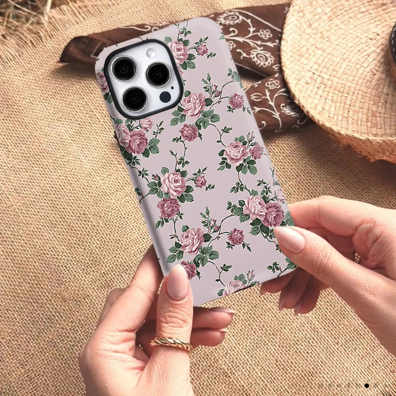 Retro Rose Flowers Funda Case For iPhone 16ProMax 15 14Plus 13 12 11 Acrylic TPU Dual Layer Two in One Magnetic Phone Cover