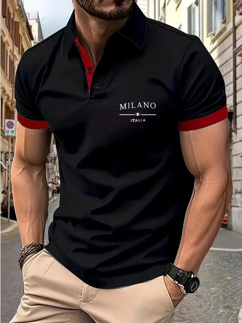 Summer New Men's Milano Print Short Sleeve Lapel Polo Shirt Casual Button Solid Color Polo Shirt Sports Tops Oversized Tees
