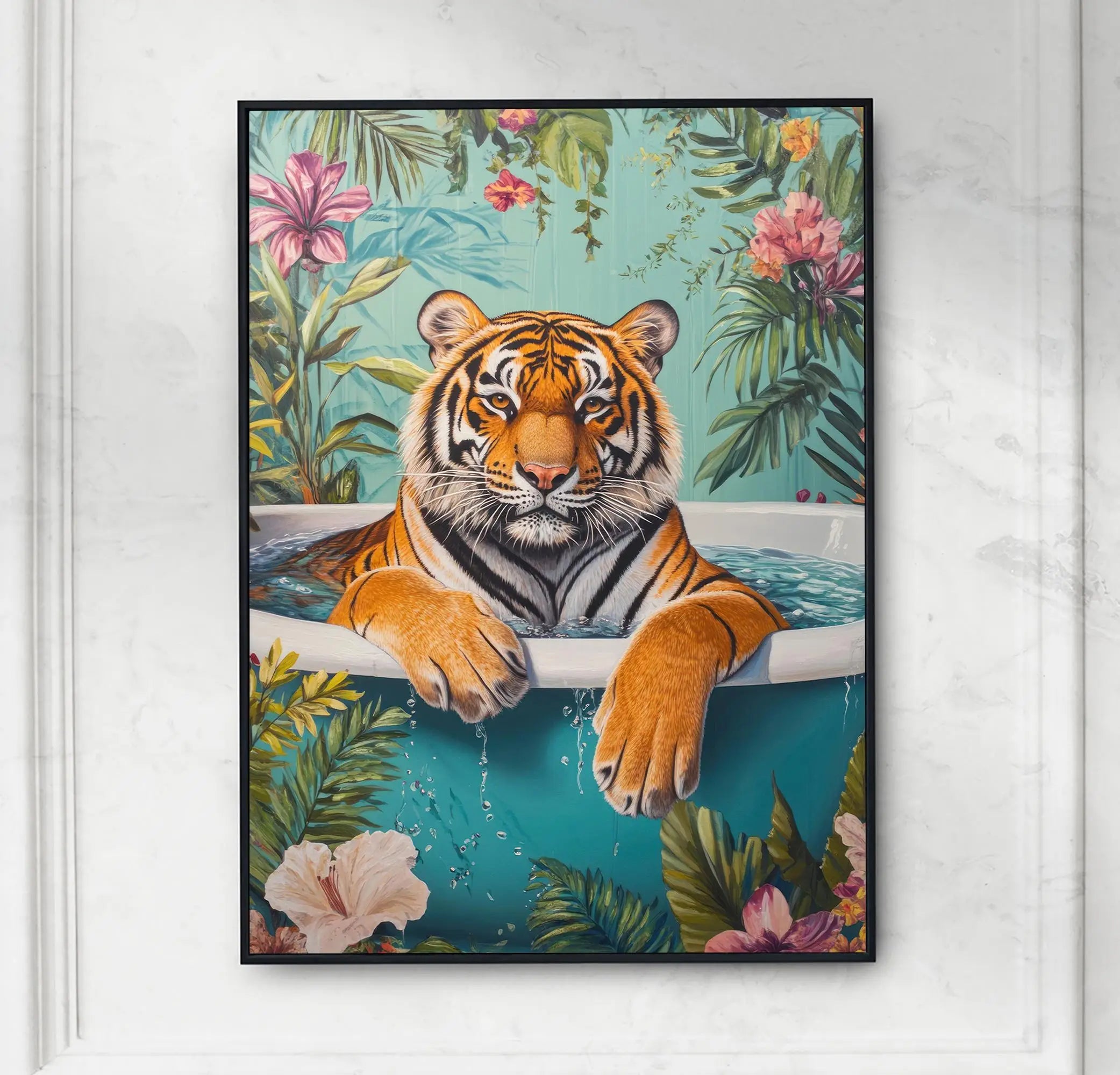 Relaxing Animal on Pool Float Summer Tropical Poster Lion Tiger Cat Canvas Painting Wall Art Fun Bathroom Living Room Home Decor