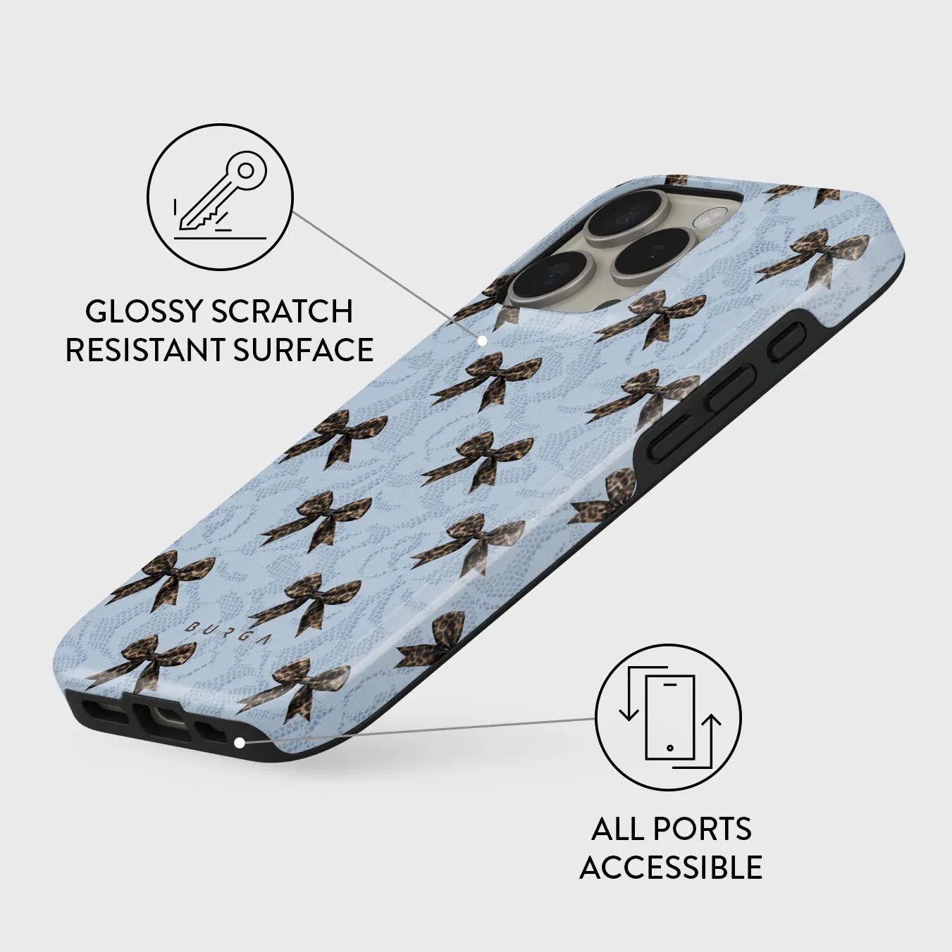 Fashion Blue Bow BURGA Phone Case for iPhone 16 15 14 13 12 11 X XS XR XSMAX 7 8 Pro Max Plus Luxury Double-layer Back Cover