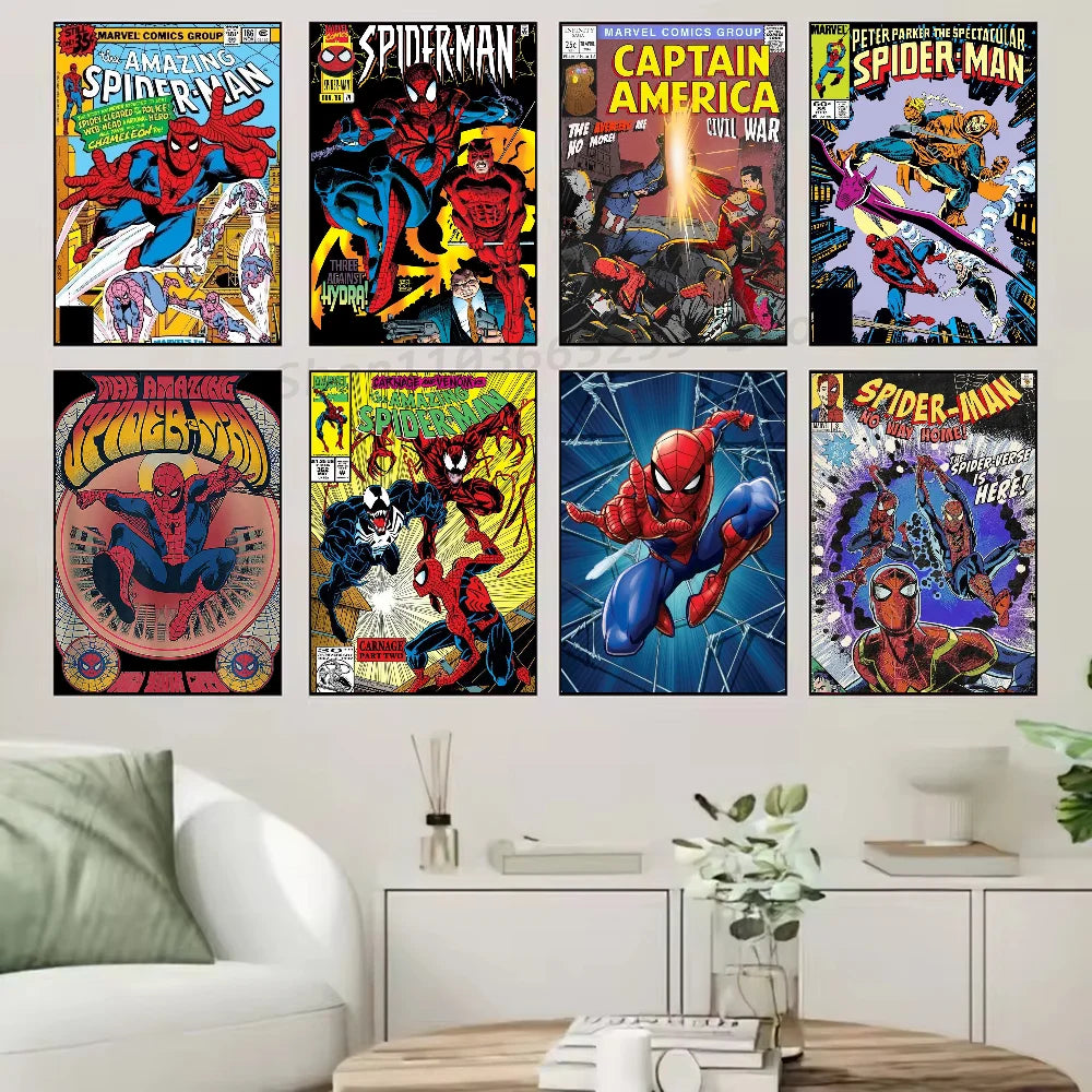 1pc Vintage Comics Superhero M-Marvel Spiderman Poster Self-adhesive Art Waterproof Paper Sticker Wall Decor